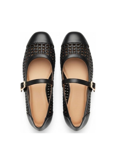 Ne&ve Shoes Siyah Deri Biye Örgü Detaylı Tokalı Kadın Babet