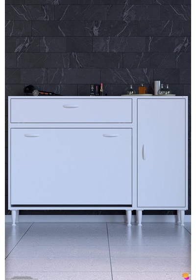 Erim 145 Cm Üçlü Çamaşır Sepetli Modern Banyo Ve Kiler Dolabı Beyaz 100+45 X97x32 Cm