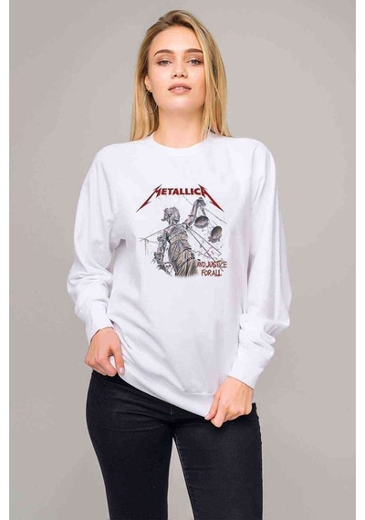 Metallıca And Justıce For Baskılı Beyaz Kadın Sweatshirt