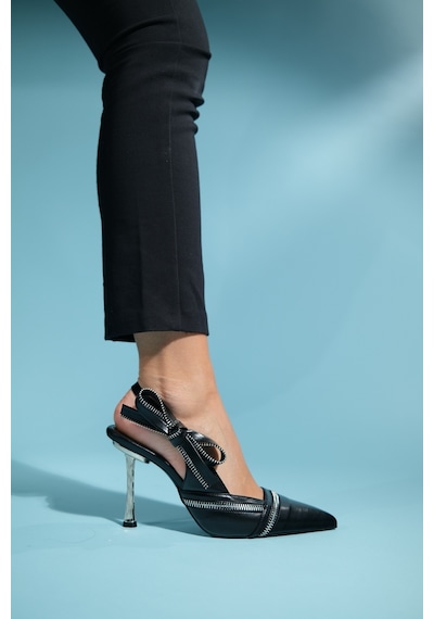 Luvishoes Glen Siyah Cilt Fermuar Detaylı Kadın Yüksek Topuklu Ayakkabı Sıyah Cılt