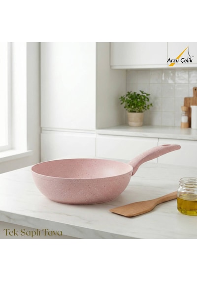 18 Cm Granit Tek Saplı Tava - Pembe Pembe