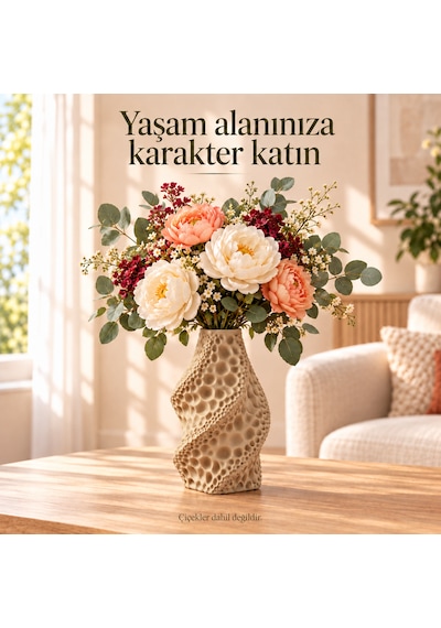 Dekoratif Vazo Burgu Formlu Taş Dokulu Modern Kuru Çiçeklik Bej