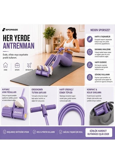 Body Trimmer Kadınlar İçin, 2 Tüplü Hafif Dirençli Ayak Pedallı Egzersiz Aleti, Başlangıç Seviyesi Evde Fitness Ekipmanı Lila