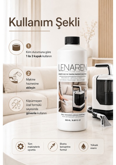 Lenaren Washrite Halı Ve Koltuk Yıkama Makinesi Şampuanı 500 Ml Konsantre Leke Çıkarıcı Etkili Düşük Köpüklü Döşeme Temizleyici Tekli