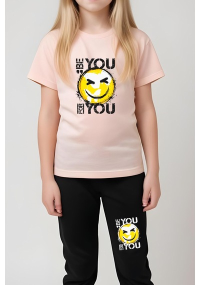 Panios Kids Be You Emoji Baskılı Kız Çocuk Tişört Ve Eşofman Alt-üst Takım Somon