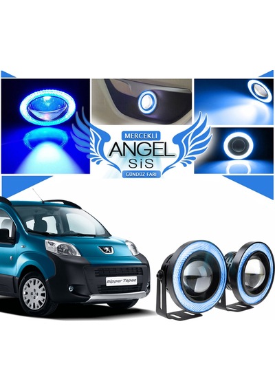 Peugeot Bipper Uyumlu, Universal Mercekli Led Sis Farı, 76mm Buz Mavi Renk