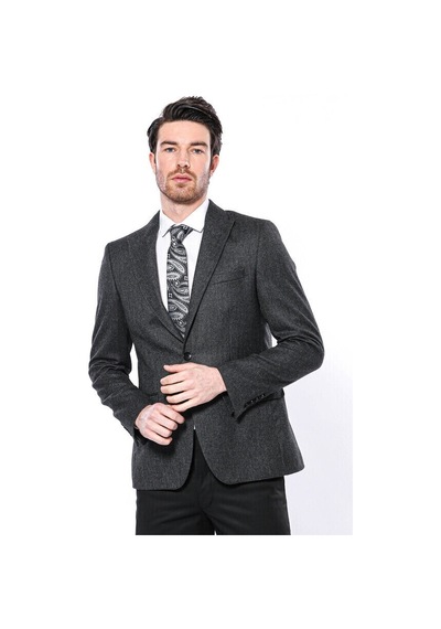 Wessi Sivri Yaka Tek Düğme Füme Slim Fit Ceket Siyah