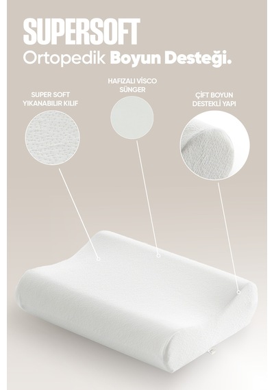 Çift Taraflı Visko Boyun Destek Yastığı - Ortopedik Anti Stres Visco Yastık - Süper Soft Beyaz