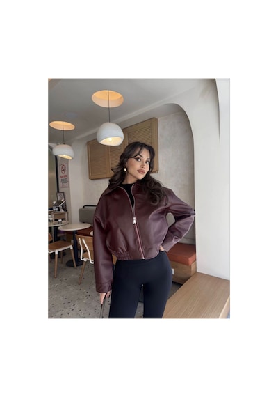Merstore Yeni Sezon Kadın Bomber Deri Ceket Bordo Bordo