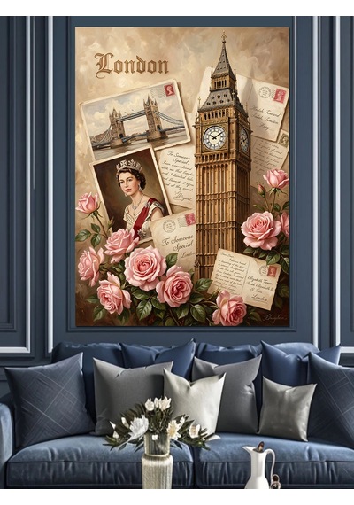 Londra Big Ben Ve Güller Kolaj Dekoratif Kanvas - Mdf Ahşap Tablo