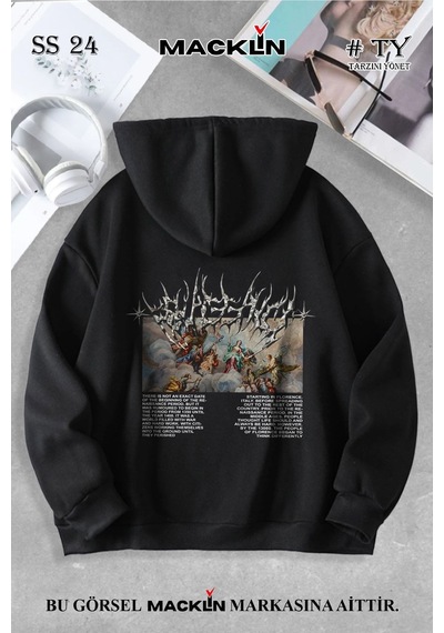 Macklin Unisex Kadın Erkek Angel Tablo Özel Tasarım Baskılı Kapşonlu Sweatshirt Siyah Mck1080 Siyah