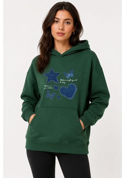 Herkesemoda Kot Efektli Baskılı Kapüşonlu 2 İplik Şardonlu Sweatshirt Yeşil