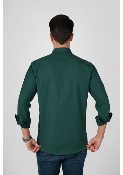 Koyu Yeşil Yaka Düğmeli Premium Şamre Slimfit Erkek Gömlek Koyu Yeşil