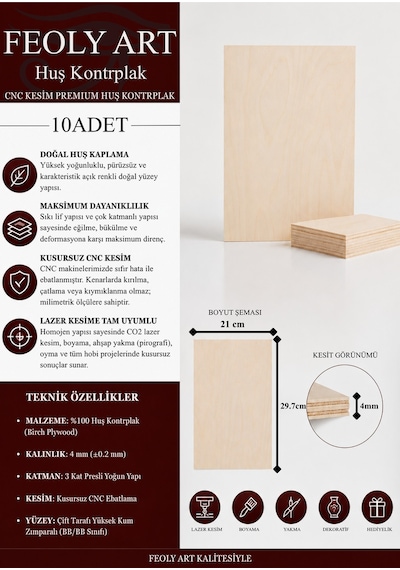 - Huş Kontrplak 10 Adet - A4 21 X 29.7 Cm - 4 Mm Cnc Kesim Lazer Kesim - Yakma - Hobi Seti