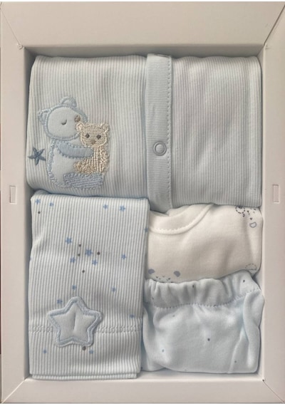 Altıntaş Baby Caramell Özel Kutusunda Yıldızlı Ayıcık Tulumlu 4'lü Set Mavi Mavi