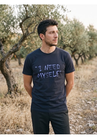 Maccali Erkek Lacivert I Need Myself Baskılı Bisiklet Yaka Tişört