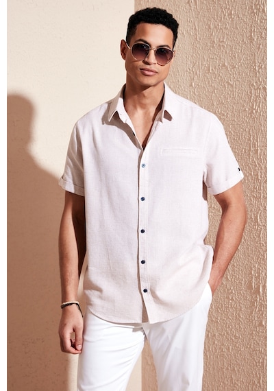 Buratti % 100 Pamuk Keten Görünümlü Slim Fit Kısa Kollu Erkek Gömlek Cf21S111766 Taş