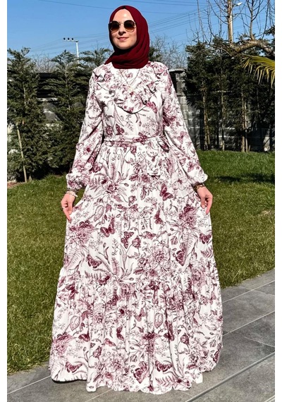 Rabia Şamlı Botanik Elbise Bordo Normal