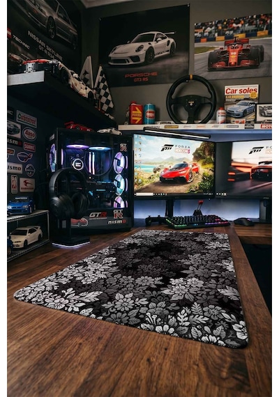 Siyah Beyaz Çiçekli Hayvan Silüeti 40x90 Cm Oyuncu Mousepad Kaymaz Taban Büyük Boy Mousepad