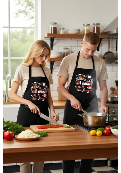 Unisex Mutfak Önlüğü Pizza Baskılı Itfaiye Temalı Grafik Desen Ra Siyah