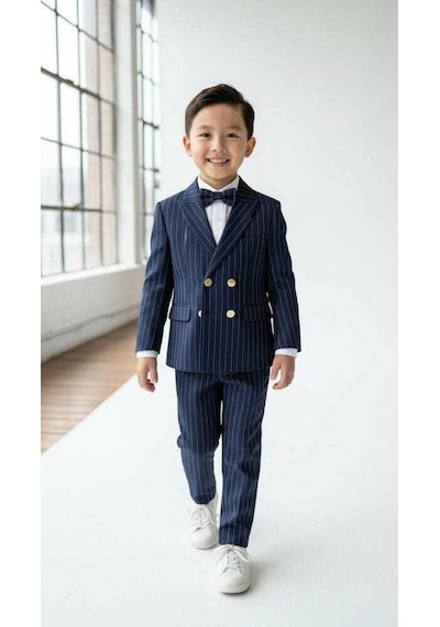 Bys Beystil Sivri Yaka Lacivert Çizgili Çocuk Kruvaze Elbise - Slim Fit