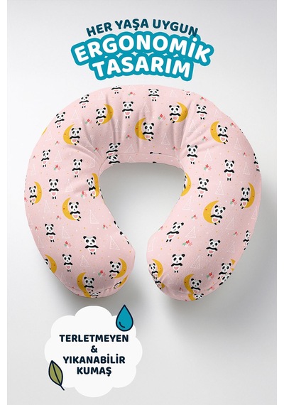 Panda Figürlü Pamuklu Boyun Yastığı - Sevimli Pastel Pembe Sarı Çocuk & Yetişkin Seyahat Yastığı Soluk Okyanus Koyu Gri