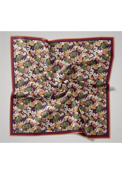Silk Home Organik Pamuk İpek Eşarp Lacivert Çilek Kırmızısı Çiçek Desenli Tok Duruşlu 90x90 Çok Renkli