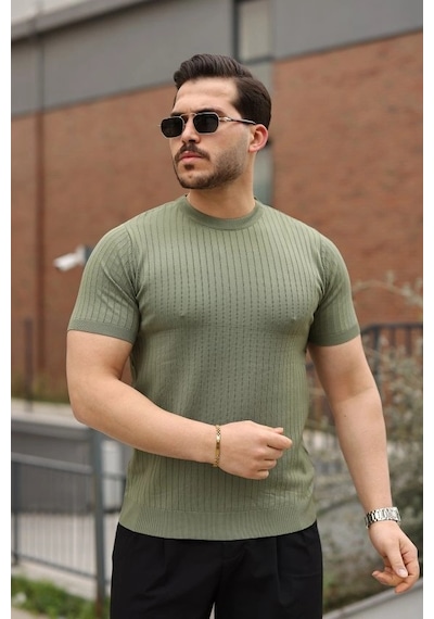 Valensdesign Erkek Fitilli Bisiklet Yaka Triko Tişört Çağla