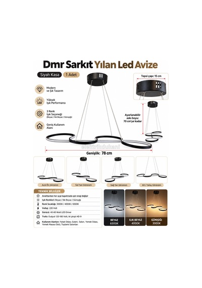 Dmr Sarkıt Yılan Led Avize Siyah Kasa 45w Üç Renk 6500k/4000k/3000k Beyaz /sarı/ılık Beyaz Günışığ Çok Renkli