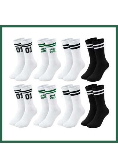 Bezos Unisex Çorap Çizgili 8'li Set 07 Good Vibes Yazılı Siyah Beyaz Uzun Soket Spor Kolej Stil Çorap Bzs01 Çok  Renkli