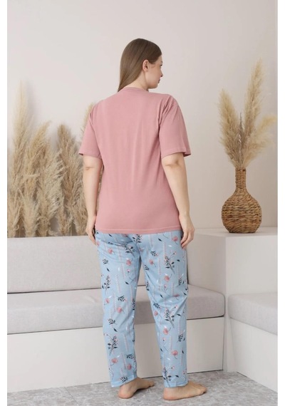 Sude Kadın Büyük Beden Düğme Yaka Penye Kısa Kol İnce Pijama Takımı P127 - 1 Adet Pudra