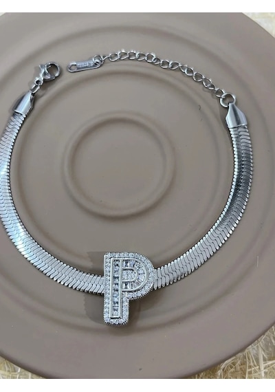 Premium Gümüş Renk Parlak Taşlı 316l Çelik P Harf Kadın Bileklik 23cm Uzunluk