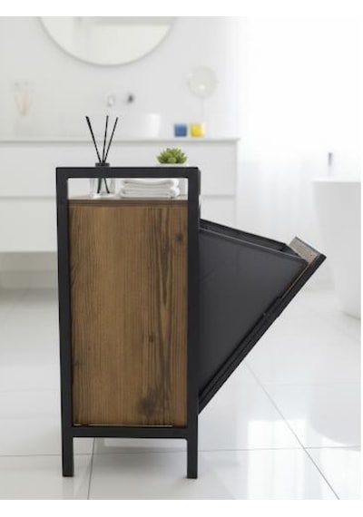 Kapaklı Çamaşır Sepeti & Banyo Düzenleyici Dolap Metal Ayaklı Modern Kirli Sepeti Organizer Ahşap