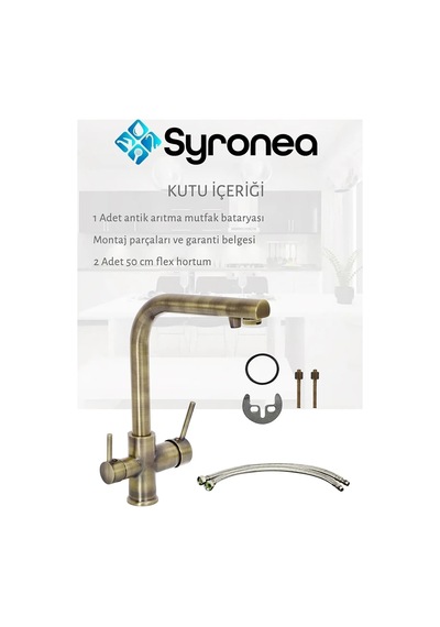 Antik Renk Arıtma Çıkışlı Mutfak Eviye Bataryası 3 Yollu Sıcak Soğuk Ve Arıtma Girişli Musluk Antik
