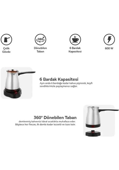 Crown Crw-7104 600w 6 Fincan Elektrikli Türk Kahve Makinesi Paslanmaz Çelik Inox Cezve Ac220v