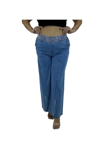 Büyük Beden Denim Taşlı Bol Paça Detaylı Kadın Pantolon Mavi