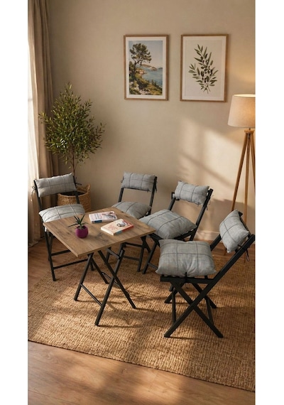 Minderli Balkon Bahçe Mutfak Bistro Set Katlanır 4+1 Masa-sandalye Gri - Gri
