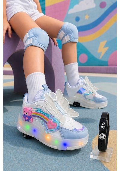 Muggo Colourful Çocuk Işıklı Patenli Tekerlekli Sneaker Spor Ayakkabı Bebe Mavi