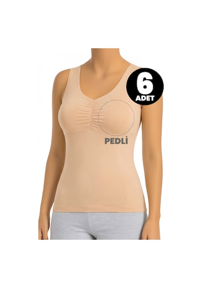 Öts Kadın 6 Lı Pamuklu Atlet Büzgülü Çıkarılabilir Pedli Nefes Alan Doku 3161-6 Ten