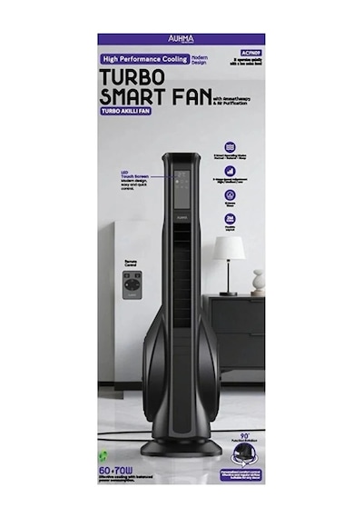 Turbo Smart Akıllı Fan Auhma Led Ekranlı Kumandalı 90 Hareketli Serinletici Soğutucu Kule Tipi Vant
