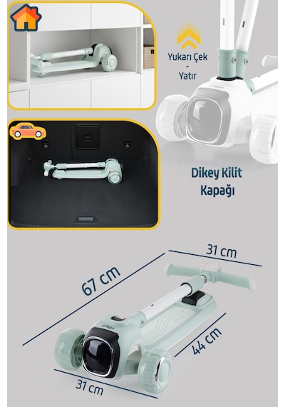 Prego Flow Müzikli Işıklı Oturaklı Çocuk Scooter Katlanabilir - Yükseklik Ayarlı Yeşil
