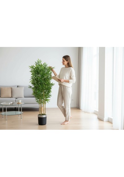 Yapay Bambu Ağaç 190 Cm 6 Dallı Yogun Yaprak Siyah Gümüş Saksı Yeşil