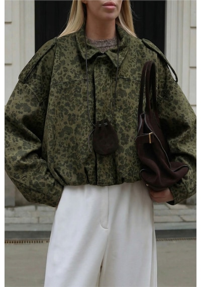 Femelle Kadın Oversize Leopar Desen %100 Pamuk Astarlı Fermuarlı Süet Mont Yeşil
