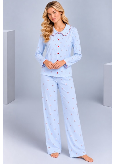 Pijamask Kadın Çiçek Desenli Bebe Yaka Düğmeli Uzun Kollu Müslin Pijama Takımı Mavi