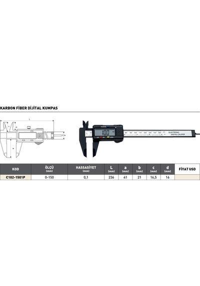 Fett 0-150mm Pld Karbon Fiber Dijital Kumpas