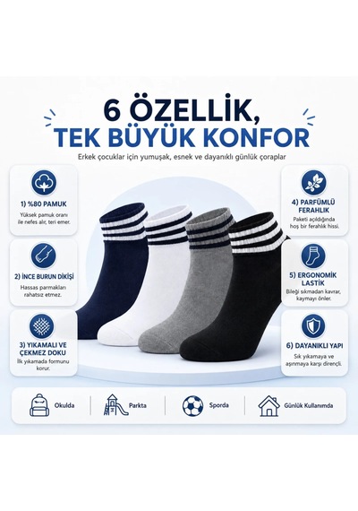 COjans Erkek Çocuk Pamuklu Çizgili Patik Çorap 4'lü Nefes Alan Esnek Okul Günlük Spor Çorabı Çok Renkli