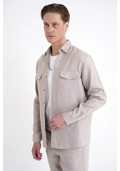 Comfort Fit Yan Cepli %100 Keten Taş Gömlek Ceket G 1602 Comfort Fit Yan Cepli %100 Keten Taş Gömlek Ceket G 1602