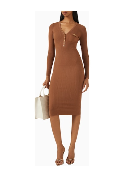 Elit Elisabetta Franchi Ribbed Chest Pocket V Yaka Logo Düğmeli, Triko Midi Elbise Abiye Bej 44