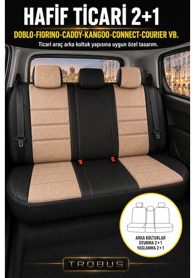 Vw Caddy 2015-2019 Uyumlu Lion Serisi 2+1 Ticari Tay Tüyü Bej Siyah Koltuk Kılıfı