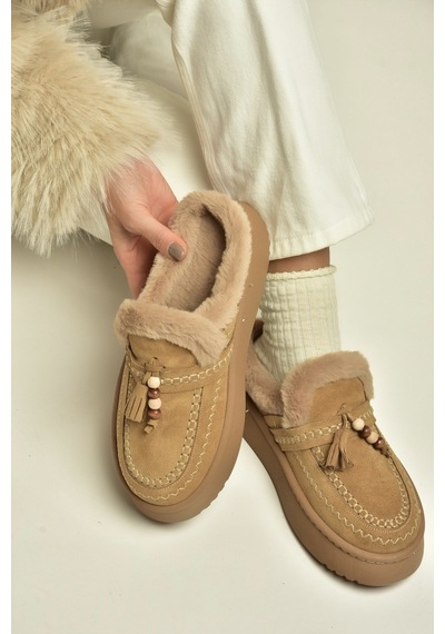 Fox Shoes Z357171661 Vizon Süet Hakiki Deri Kürklü Kadın Makosen Terlik